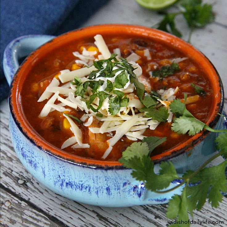 Fiesta Chicken Enchilada Soup ~ delicious, easy to make, and perfect for a chilly evening! One Pot, 30 min meal