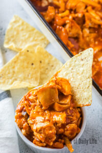 A bowl full of chicken dip with a tortilla chip sticking out of it.