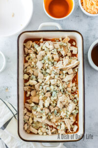blue cheese sprinkled over rotisserie chicken.