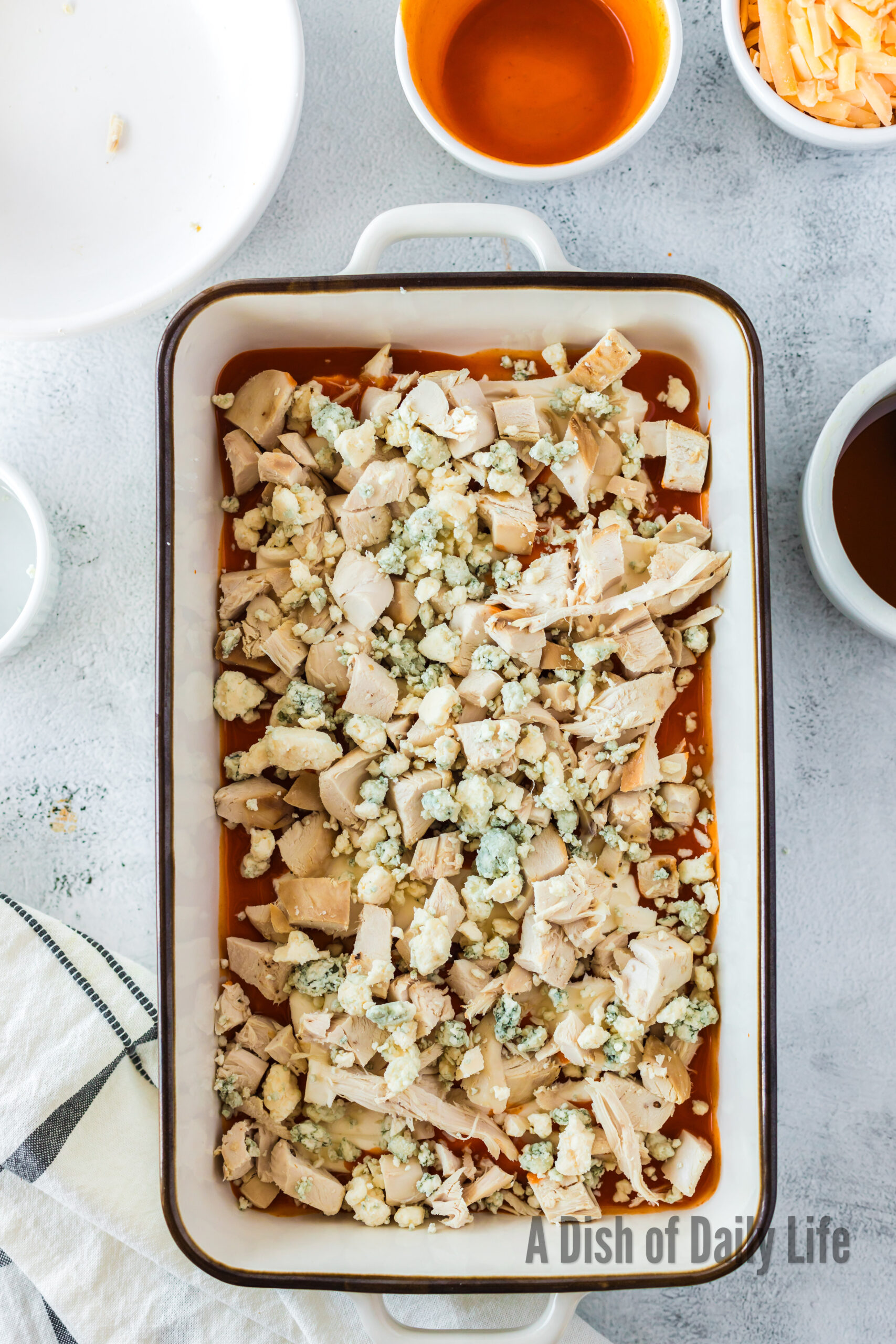 blue cheese sprinkled over rotisserie chicken.