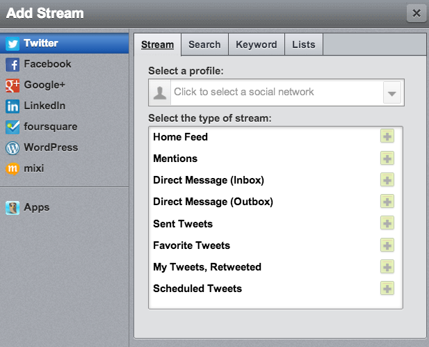 Hootsuite Screen Shot: Streams, Keywords, Lists