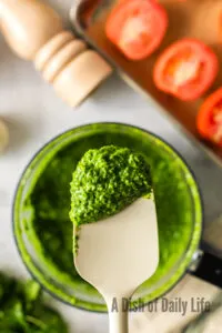 Cilantro paste being scooped out of food processor.