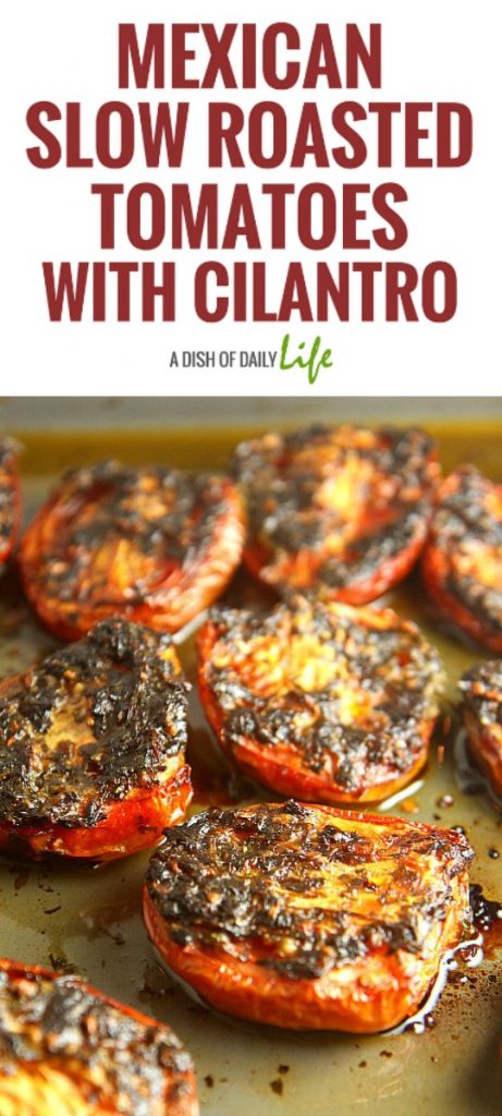 These Mexican Slow Roasted Tomatoes with Cilantro are the perfect addition to any Mexican dish...use them as a topping for fish or chicken. or make quesadillas with them. SO GOOD!! 