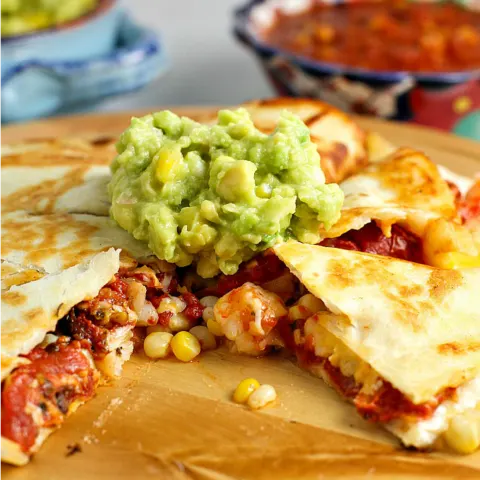 Roasted Tomato, Corn and Shrimp Quesadillas