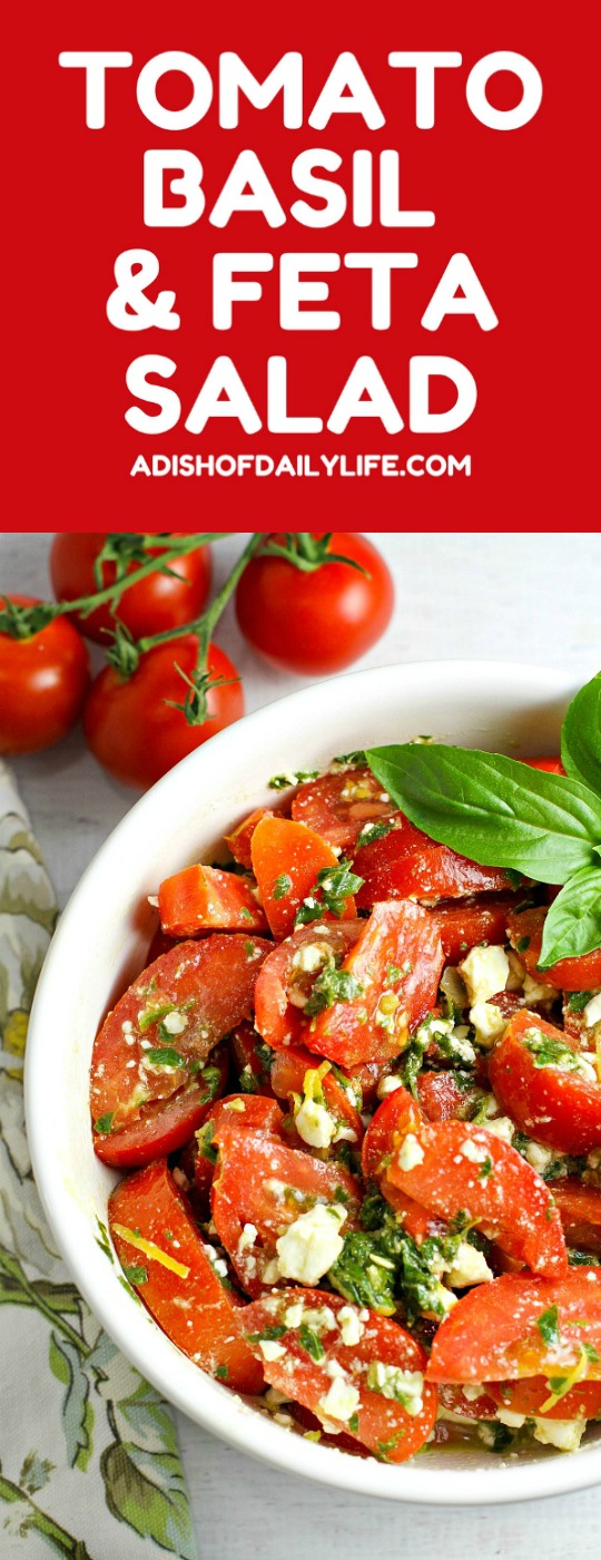 Colorful, healthy, and packed with flavor, this easy Tomato, Basil and Feta Summer Salad is the perfect side dish for any summer dinner, and even makes for a wonderful light lunch as well. Go ahead and customize it by adding in cucumber or even summer corn...the basil dressing goes well with everything!