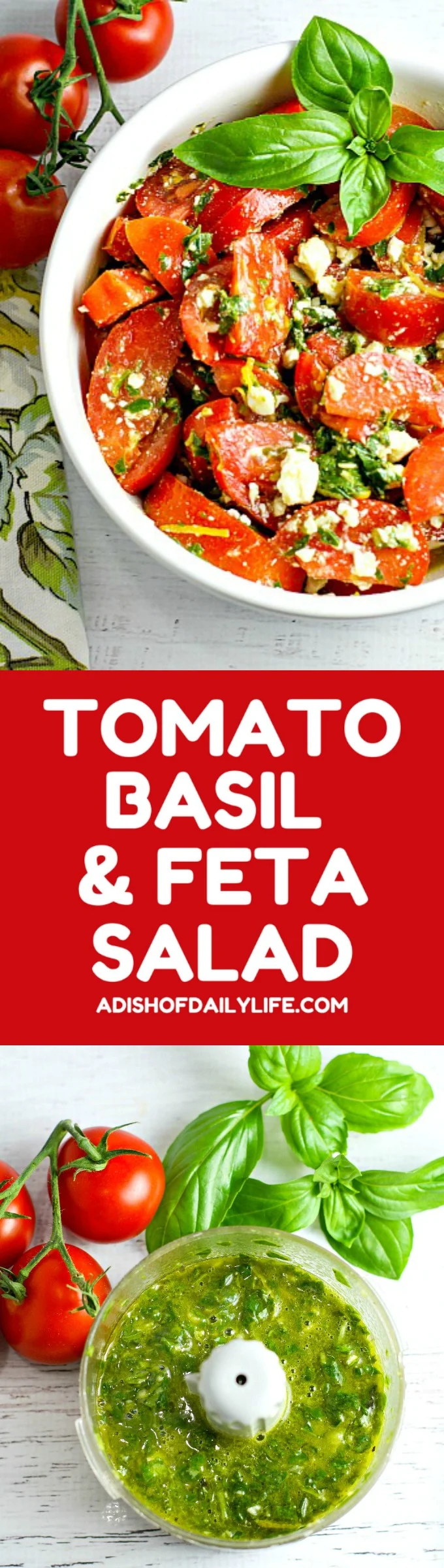 Colorful, healthy, and packed with flavor, this easy Tomato, Basil and Feta Summer Salad is the perfect side dish for any summer dinner, and even makes for a wonderful light lunch as well. Go ahead and customize it by adding in cucumber or even summer corn...the basil dressing goes well with everything!