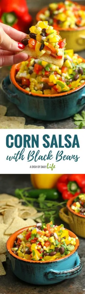 Corn Salsa with Black Beans is the perfect party appetizer for summer cookouts and get-togethers...serve it with chips or as a salad side dish! Easy to make and healthy as well! Appetizer | Summer side dishes | Salad | Corn | Salsa | Mexican | Healthy | BBQ side dishes | Recipes for parties