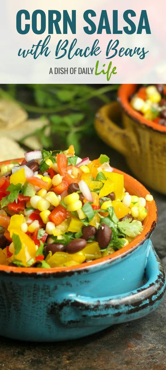 Corn Salsa with Black Beans is the perfect party appetizer for summer get-togethers and cookouts...serve it with chips or as a salad side dish! Easy to make and healthy too! Appetizer | Summer side dishes | Salad | Corn | Salsa | Mexican | Healthy | BBQ side dishes | Recipes for parties