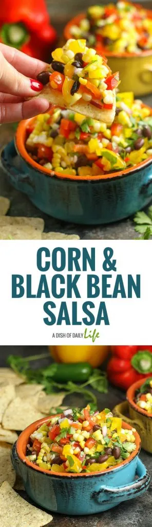 Corn Salsa with Black Beans is the perfect party appetizer for summer get-togethers...serve it with chips or as a salad side dish! Easy to make and healthy as well! #Appetizer | Summer side dishes | #Salad | #Corn | #Salsa | Mexican | Healthy | BBQ side dishes | Recipes for parties