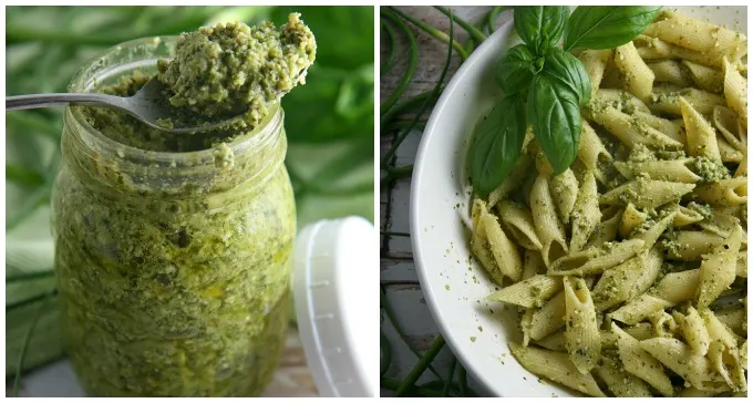 Garlic Scapes Pesto...serve this vegetarian farmer's market favorite over pasta or chicken, spread on sandwiches or paninis, or even as an appetizer dip for bread! It freezes well too!