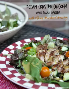 Pecan Crusted Chicken over Salad Greens with Honey Mustard Dressing