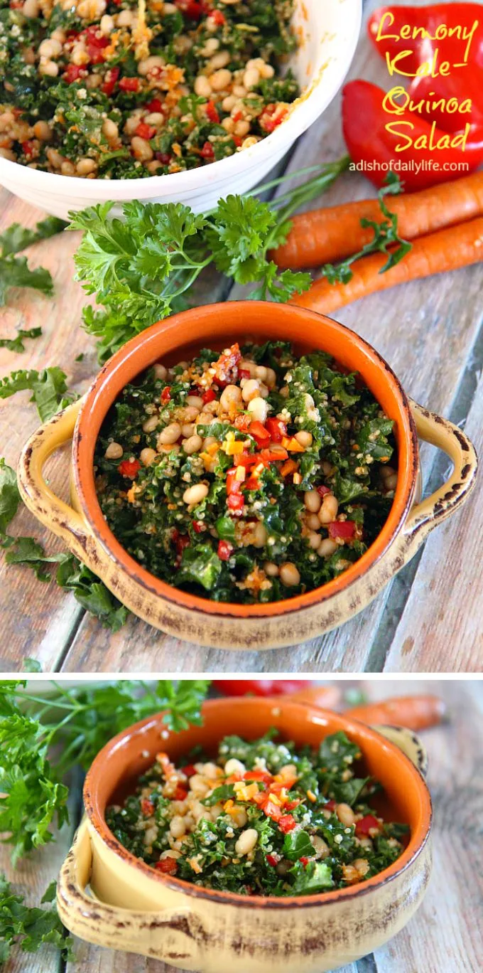 Delicious and nutritious, Lemony Kale Quinoa Salad is a colorful salad packed with lots of health benefits! A mix of kale, quinoa, white beans, peppers and carrots finished with a lemon vinaigrette, this salad is sure to be a new favorite!