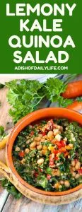 This colorful and healthy Lemony Kale Quinoa salad recipes is one of our family favorites! I make a batch almost every week and can't keep it in the house, that's how good it is! The secret is in the lemon vinaigrette! Gluten free, vegetarian and vegan (simply substitute another sweeter for the honey in the vinaigrette)