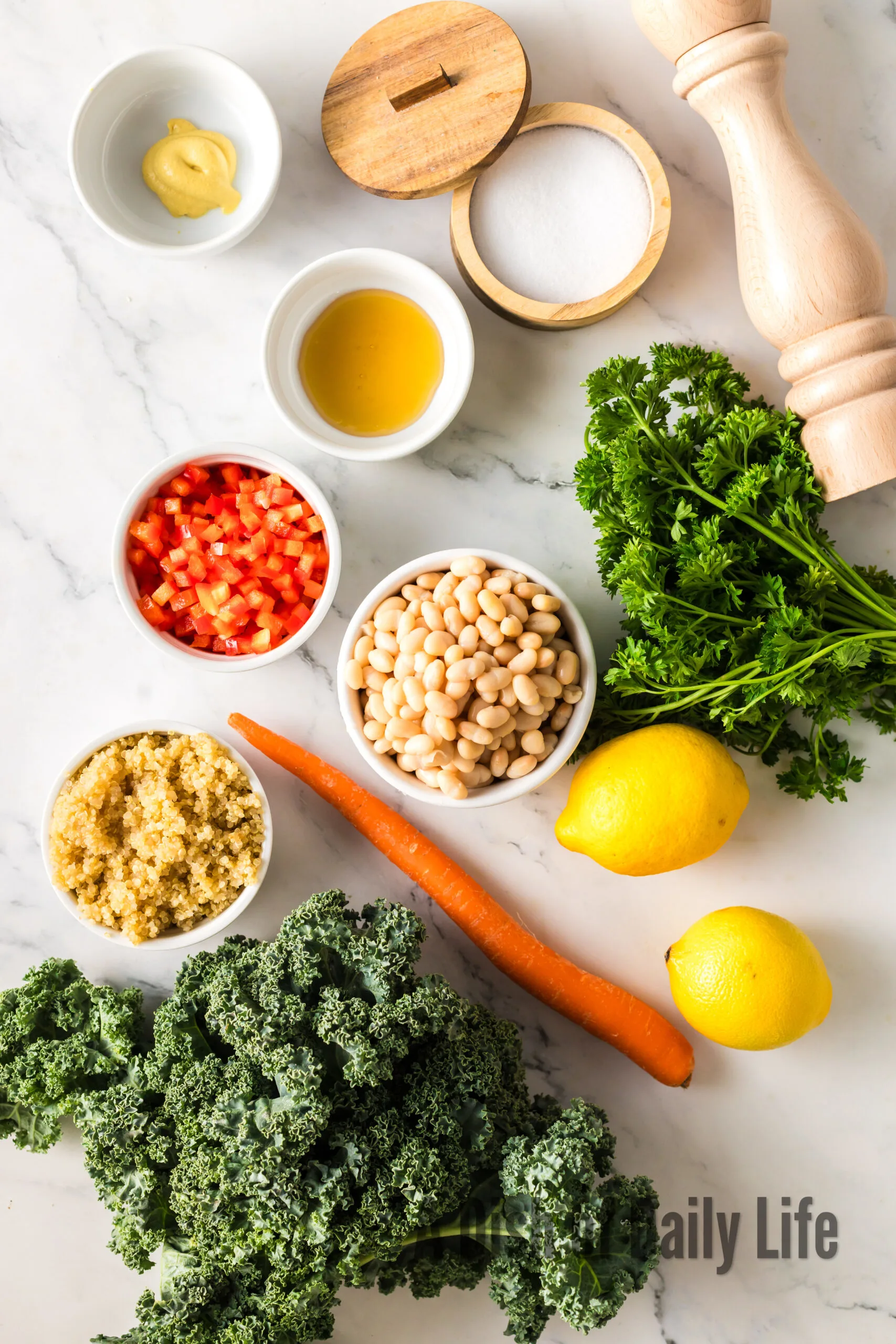 All ingredients for kale and quinoa salad laid out on counter.