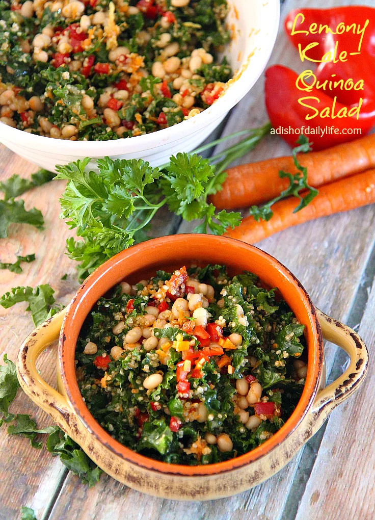 Delicious and nutritious, Lemony Kale Quinoa Salad is a colorful salad packed with lots of health benefits! A mix of kale, quinoa, white beans, peppers and carrots finished with a lemon vinaigrette, this salad is sure to be a new favorite!