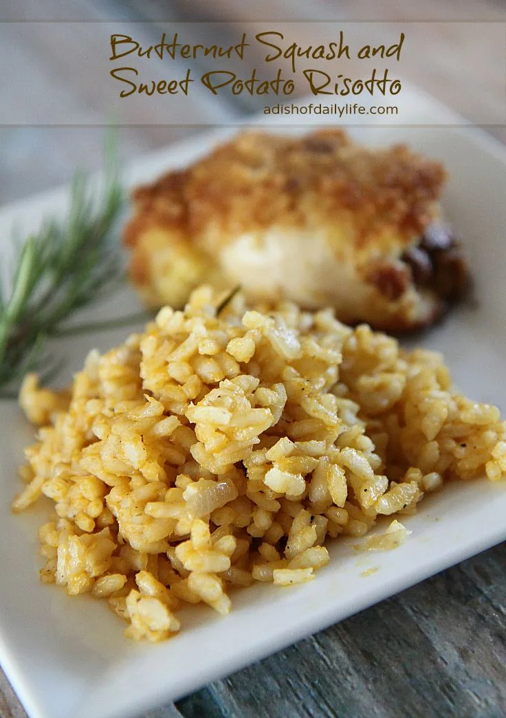 A delicious savory side dish, Butternut Squash and Sweet Potato Risotto is made using leftover soup!