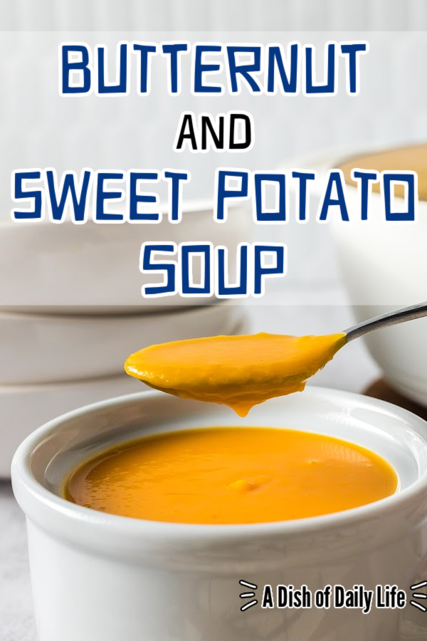 Main image for Butternut and Sweet Potato Soup. Soup is in a bowl with a spoon full held above.