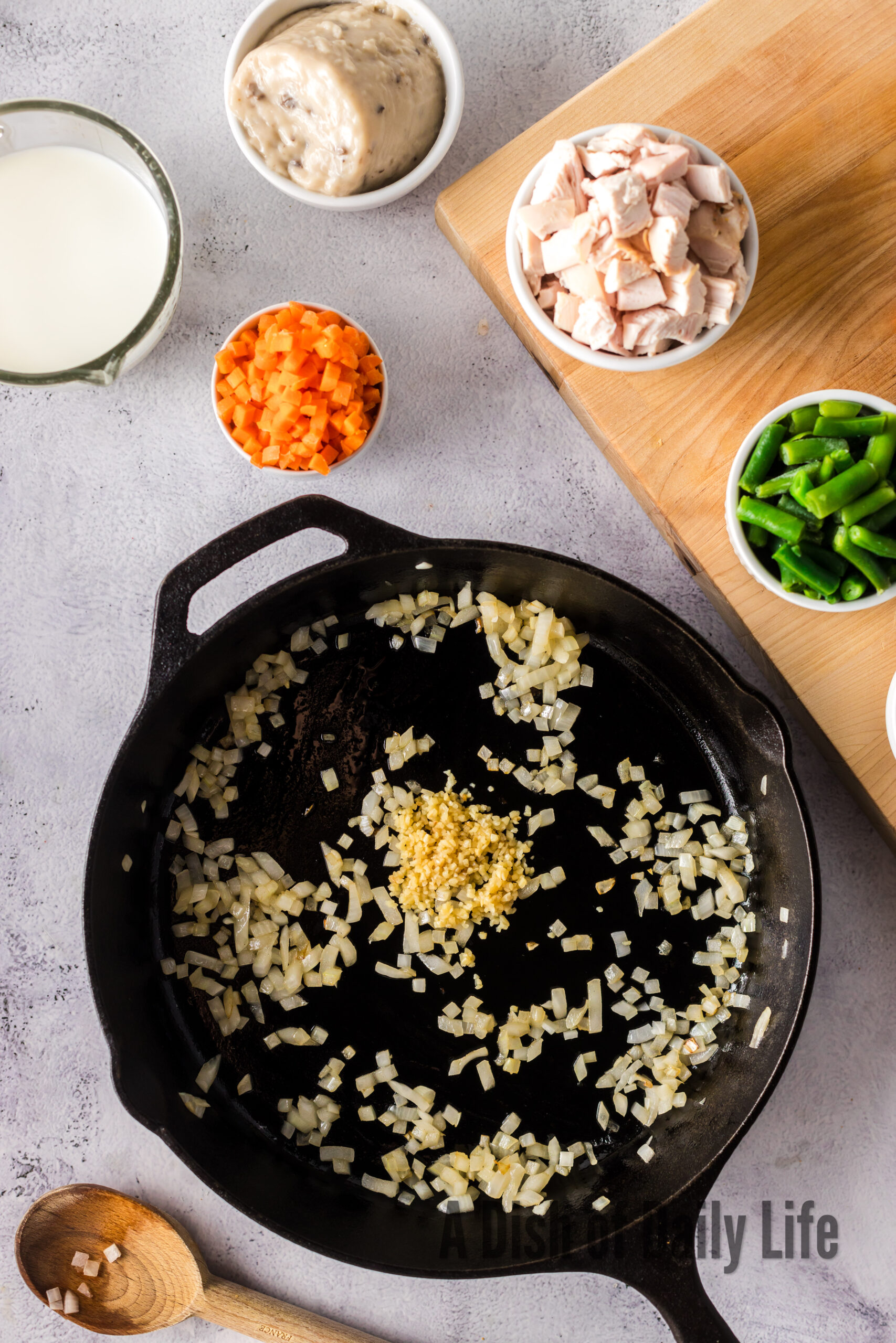 Cooked onions and garlic in a cast iron skillet.