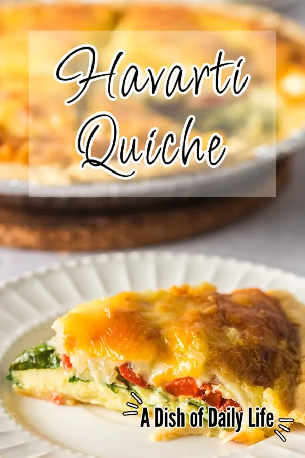 Main image for Havarti Quiche recipe. A slice of quiche on a plate.