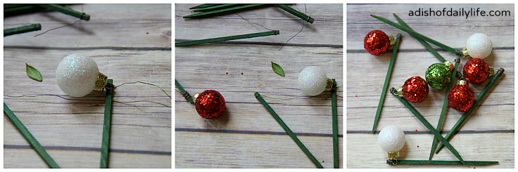 How to wire ornaments on to florist picks to use on the Christmas Tree Topiary