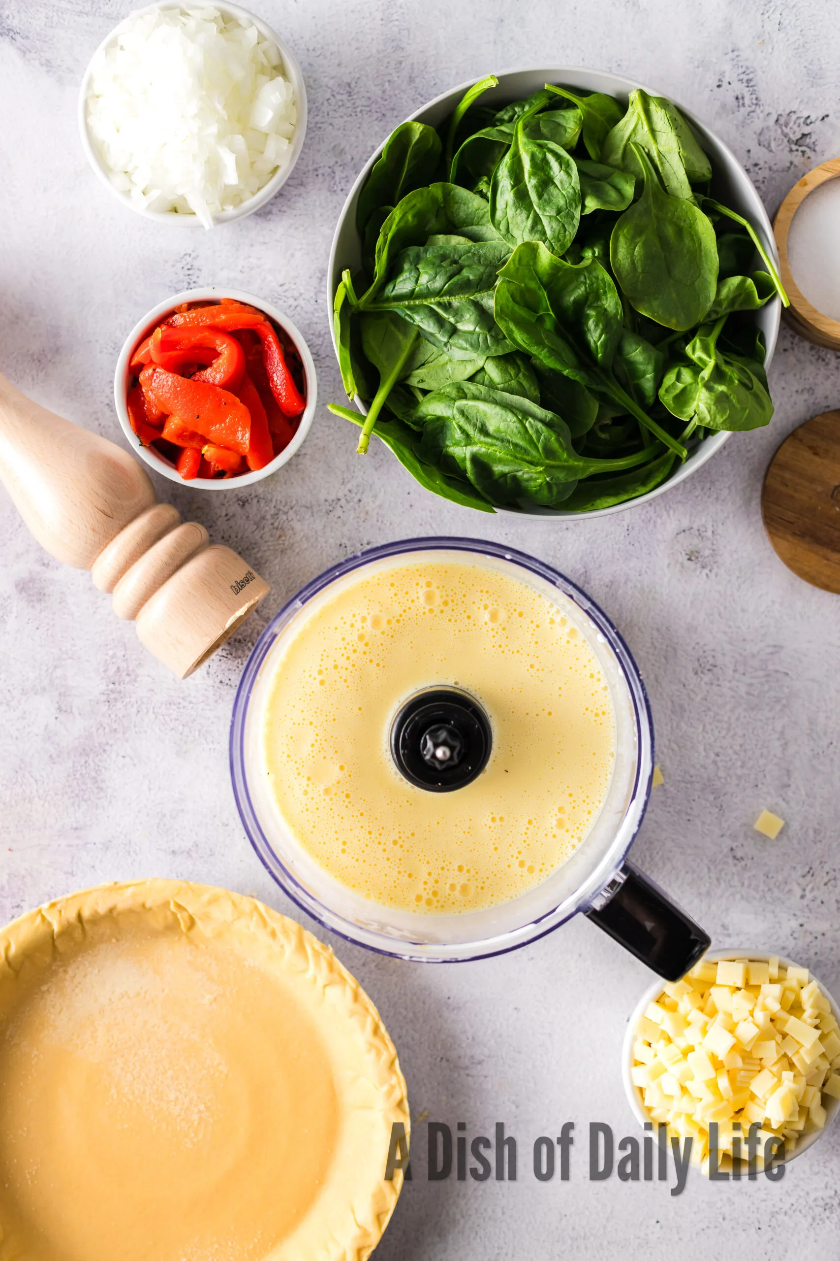 Eggs blended together in a food processor.