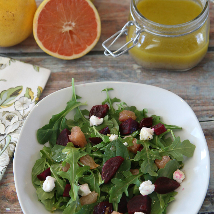 A delicious combination of Florida grapefruit, beets, and goat cheese over a bed of arugula, tossed with a tart but sweet grapefruit vinaigrette