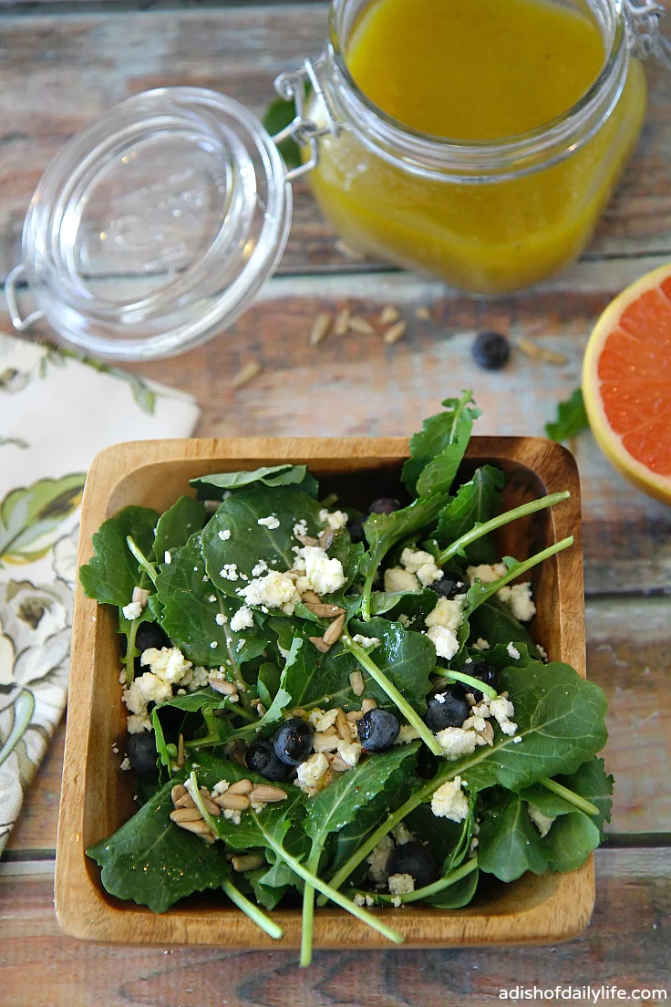 A delightful combination of kale, blueberries, feta, and sunflower seeds, tossed with a grapefruit vinaigrette....the perfect combination of sweet and tart!