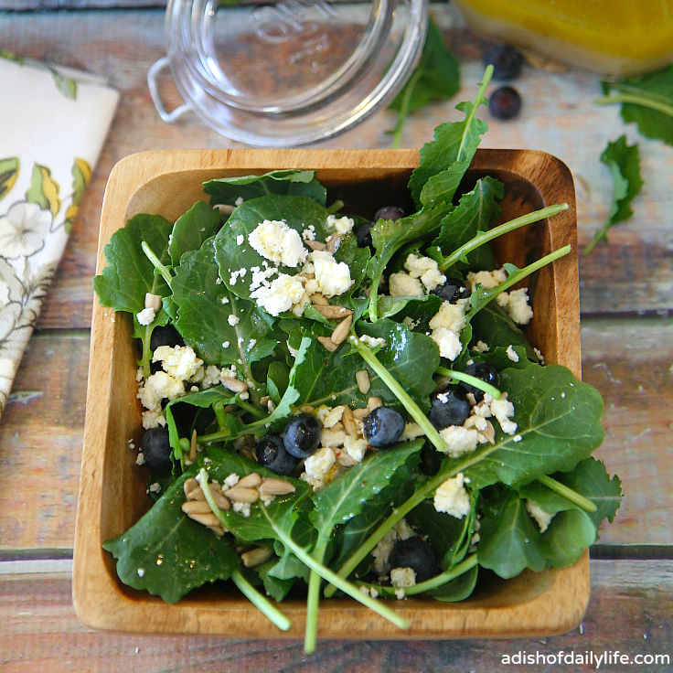 Kale and Blueberry Salad, tossed with a grapefruit vinaigrette