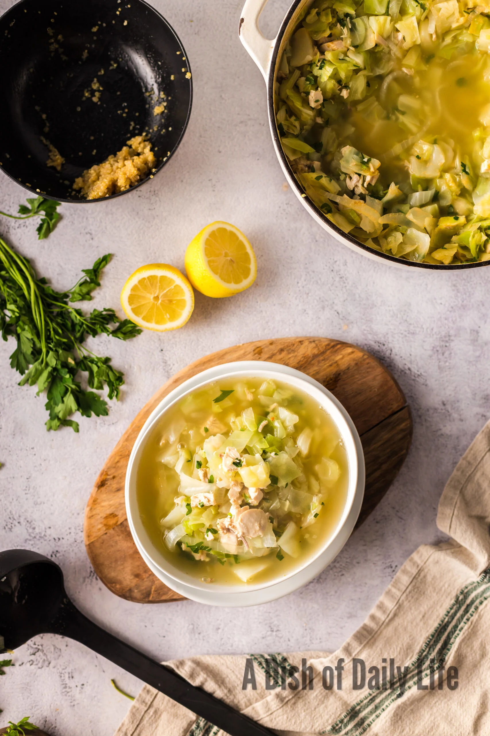 zoomed out image of soup in bowl with no lemon slices.