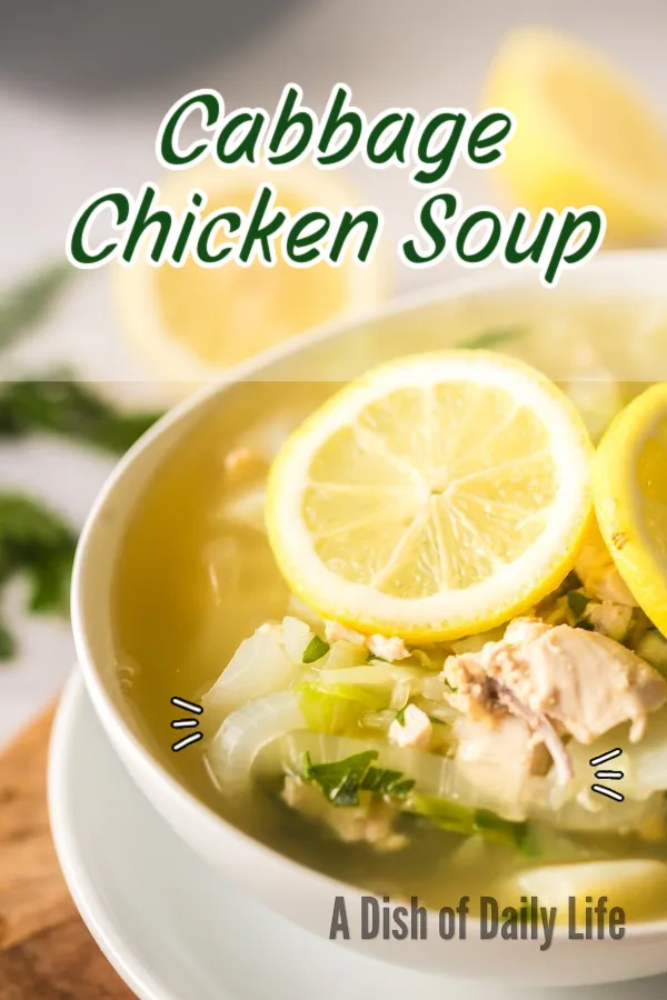Main image for Cabbage Chicken Soup. Soup is in a bowl ready to serve.