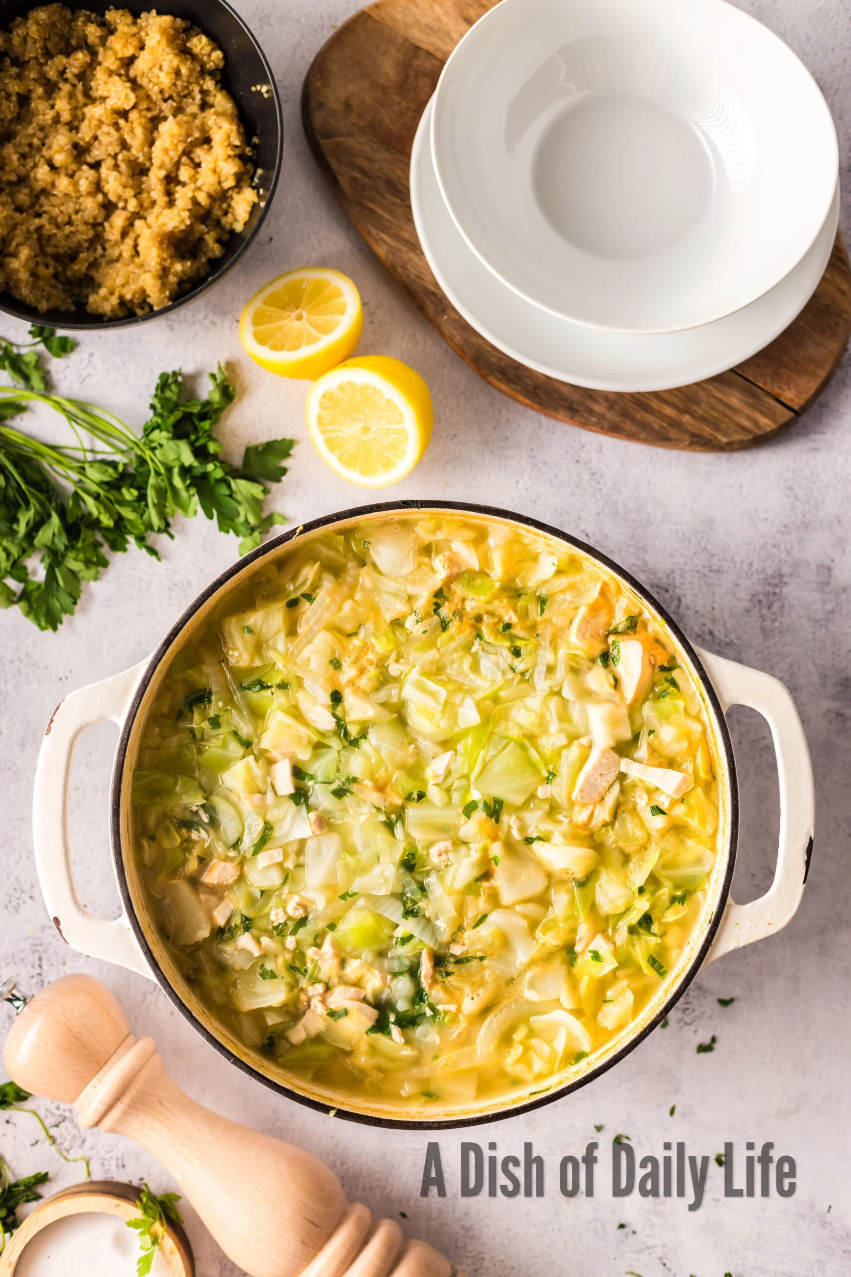 Cooked soup in pot.