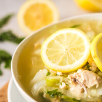 zoomed in image of soup in a bowl with lemon slices.