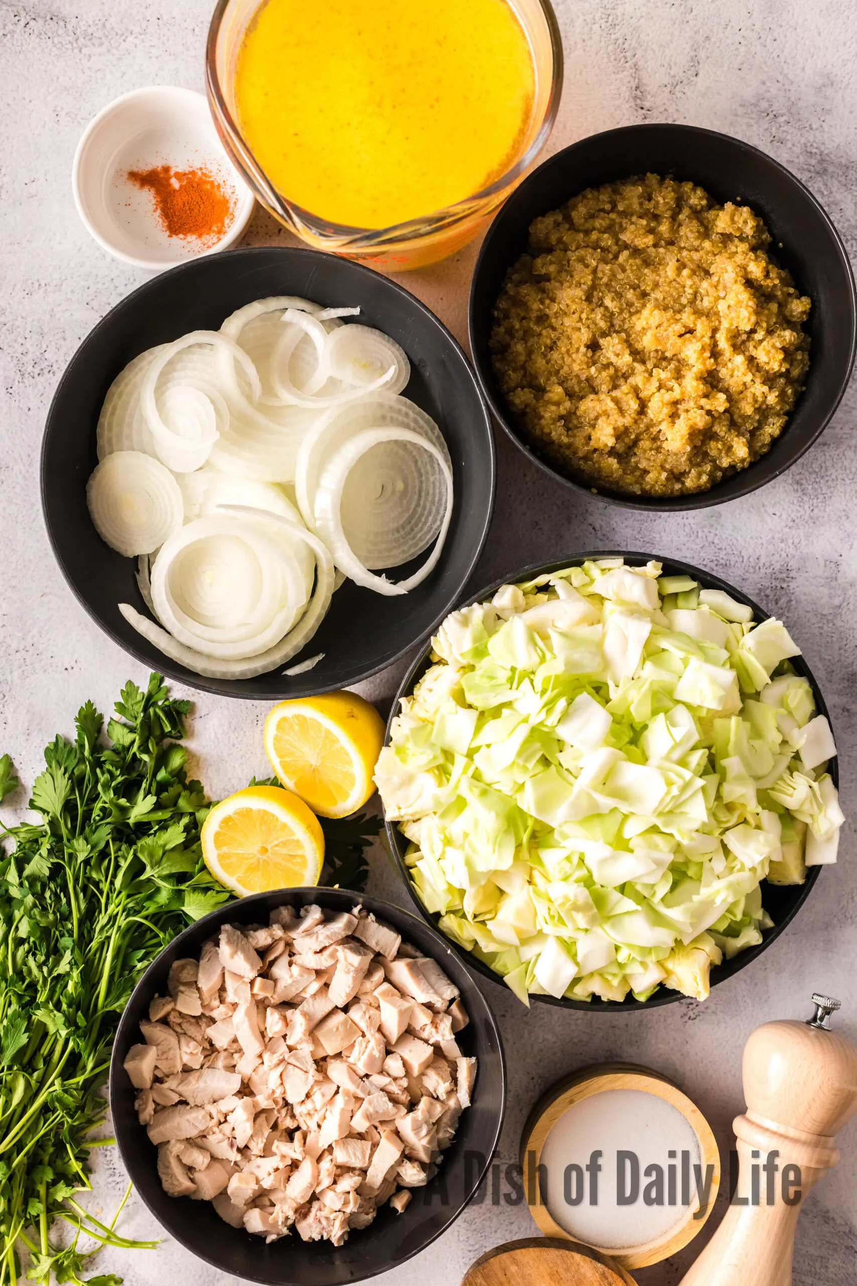 All ingredients for soup laid out on counter top.