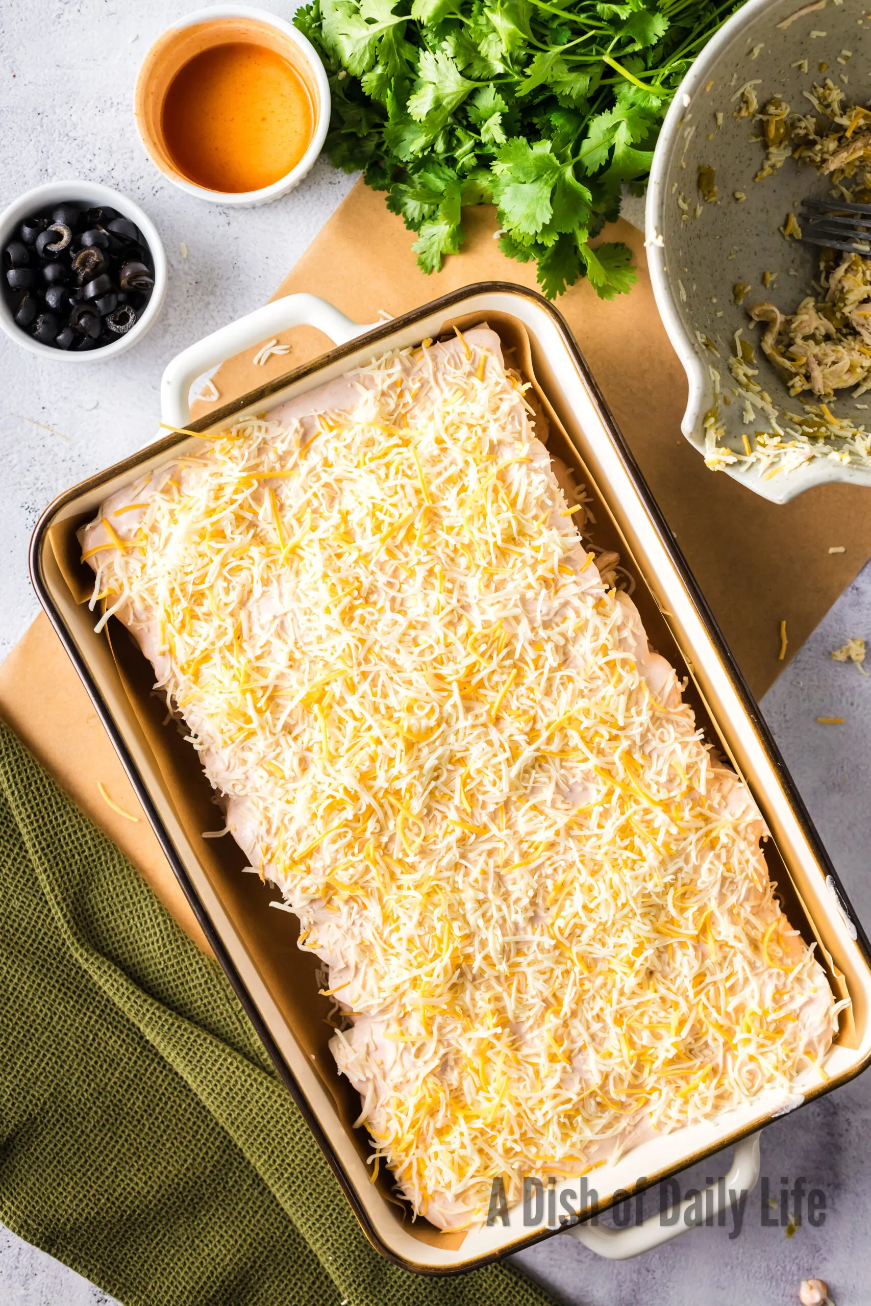 cheese sprinkled on top of sour cream sauce