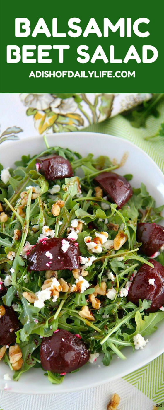 Balsamic Beet Salad with Arugula, Goat Cheese, and Walnuts...perfect for your farmer's market veggies! Serve for lunch or a light dinner. Vegetarian, gluten free, and can easily become vegan by simply omitting the goat cheese.