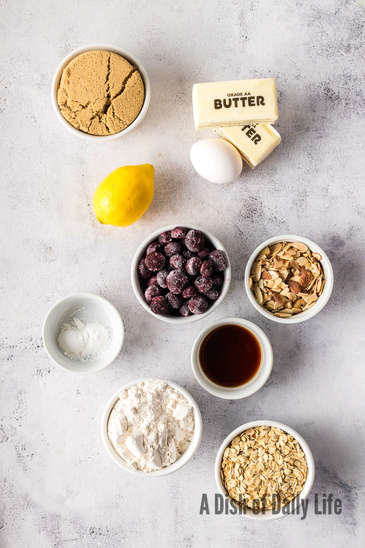 All ingredients laid out on counter for Lemon Blueberry Bars