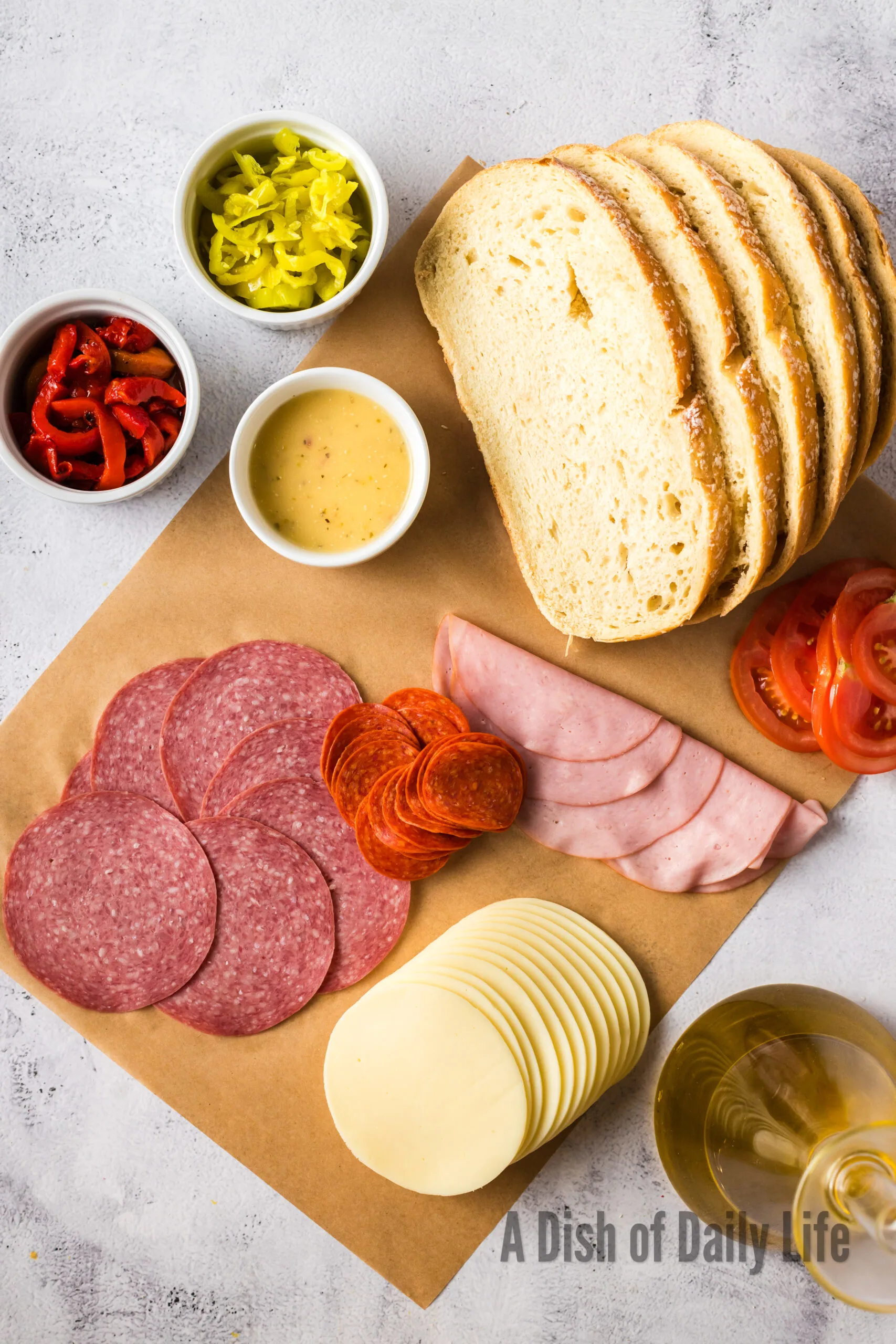 All ingredients laid out on counter, ready to assemble panini