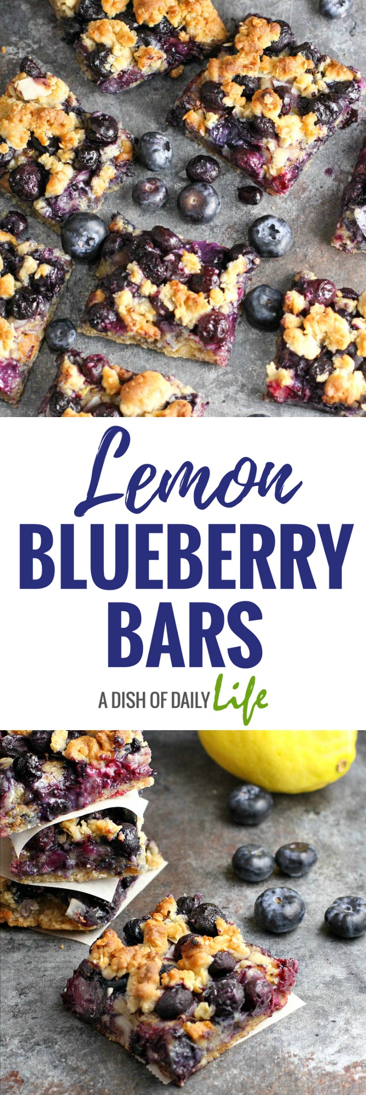 Lemon Blueberry Bars...lemon zest and blueberries combine with a delicious oatmeal crust for a scrumptious treat the whole family will love! Dessert | Fruity desserts | bar cookies | cookie bars | baking with fruit | easy desserts | Blueberries 