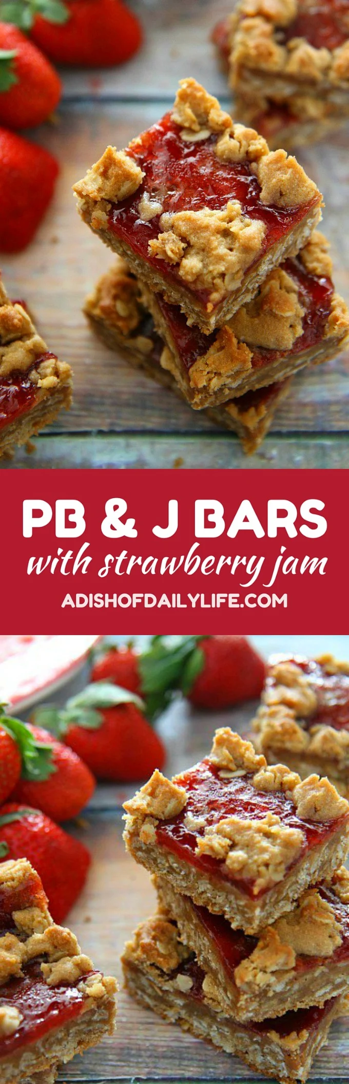 Your favorite sandwich just became a cookie! These PB&J Cookie Bars with Strawberry Jam are easy to make, and a delicious way to satisfy your sweet tooth craving. Perfect back to school snack recipe!