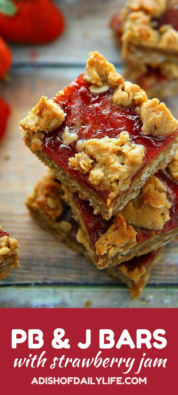 Your favorite sandwich just became a cookie! These PB&J Cookie Bars with Strawberry Jam are easy to make, and a delicious way to satisfy your sweet tooth craving. Perfect back to school snack recipe!