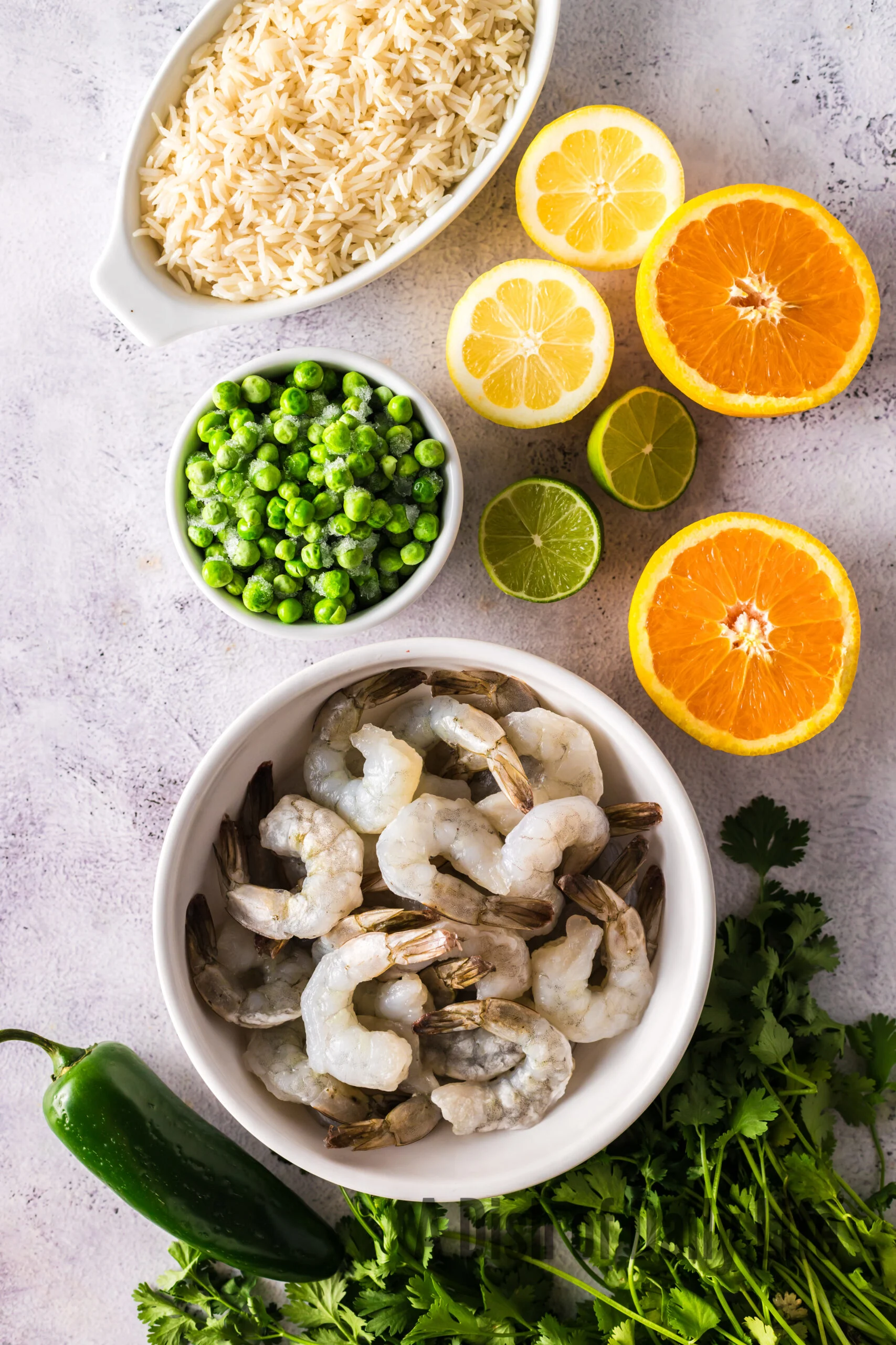All ingredients laid out on counter for citrus shrimp
