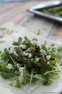 Baby Pea Shoot & Asparagus Salad, topped with feta & a lemon vinaigrette