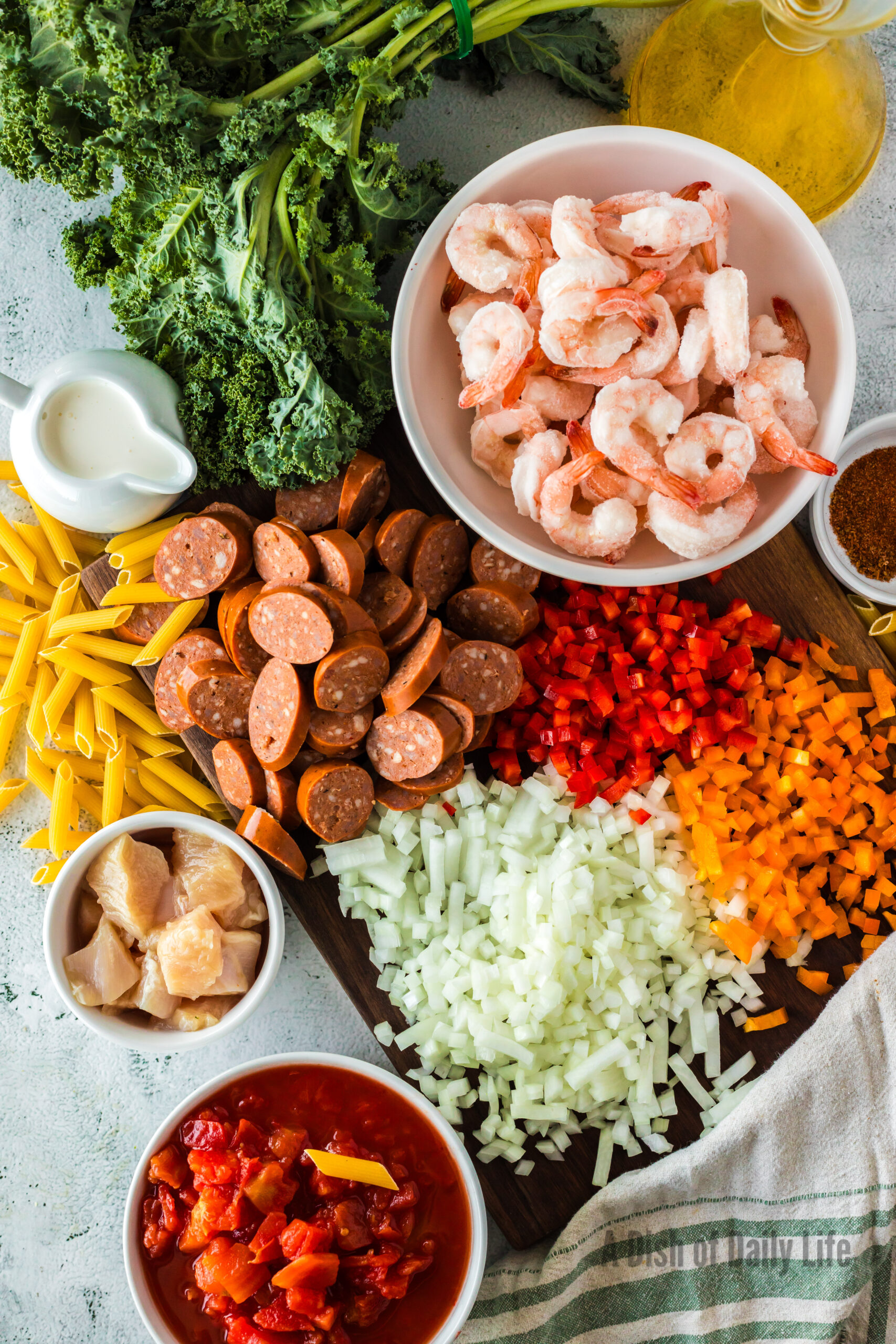 All ingredients laid out on counter for Cajun Jambalaya Pasta