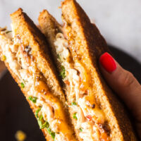 hand holding cut sandwich.