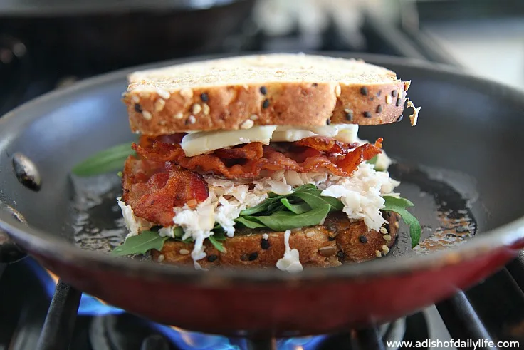 National Grilled Cheese Month Havarti, Turkey, Bacon, Arugula, Roasted Onion Jam