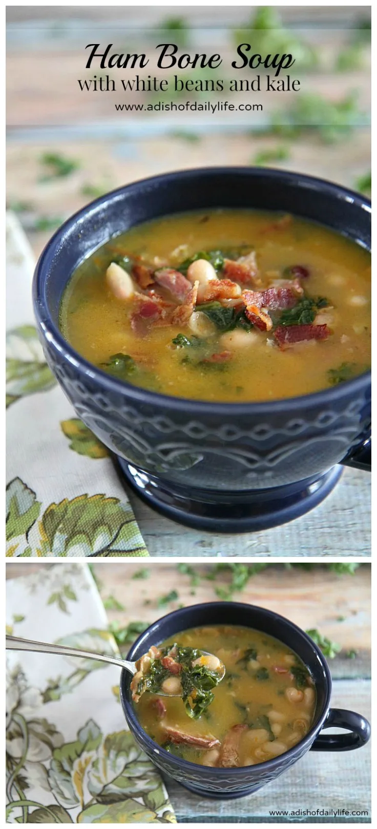 Rich in flavor, this hearty ham bone soup with white beans and kale is the perfect comfort food to warm your bones on a chilly or damp and rainy day. Great way to use up your leftover Christmas or Easter ham bone as well!
