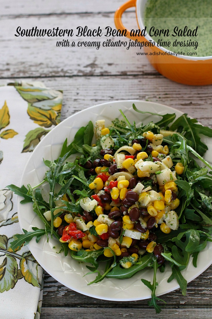 This Southwestern Black Bean Corn Salad with a creamy cilantro jalapeño lime dressing is perfect for lunch, a light dinner and even to add to your Cinco de Mayo menu! Serve over arugula or your favorite salad greens.