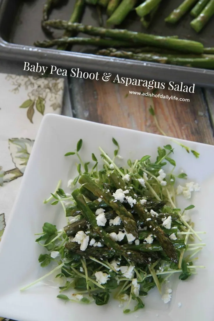 Baby Pea Shoot and Asparagus-Salad, topped with feta cheese and a lemon vinaigrette, spring salad, asparagus, baby pea shoots