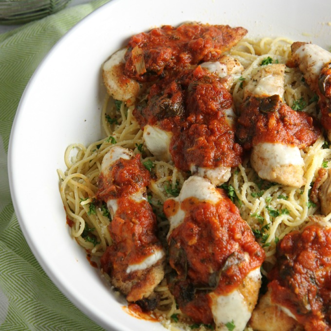 Chicken Parmesan Tenderloins over Roasted Garlic Spaghetti