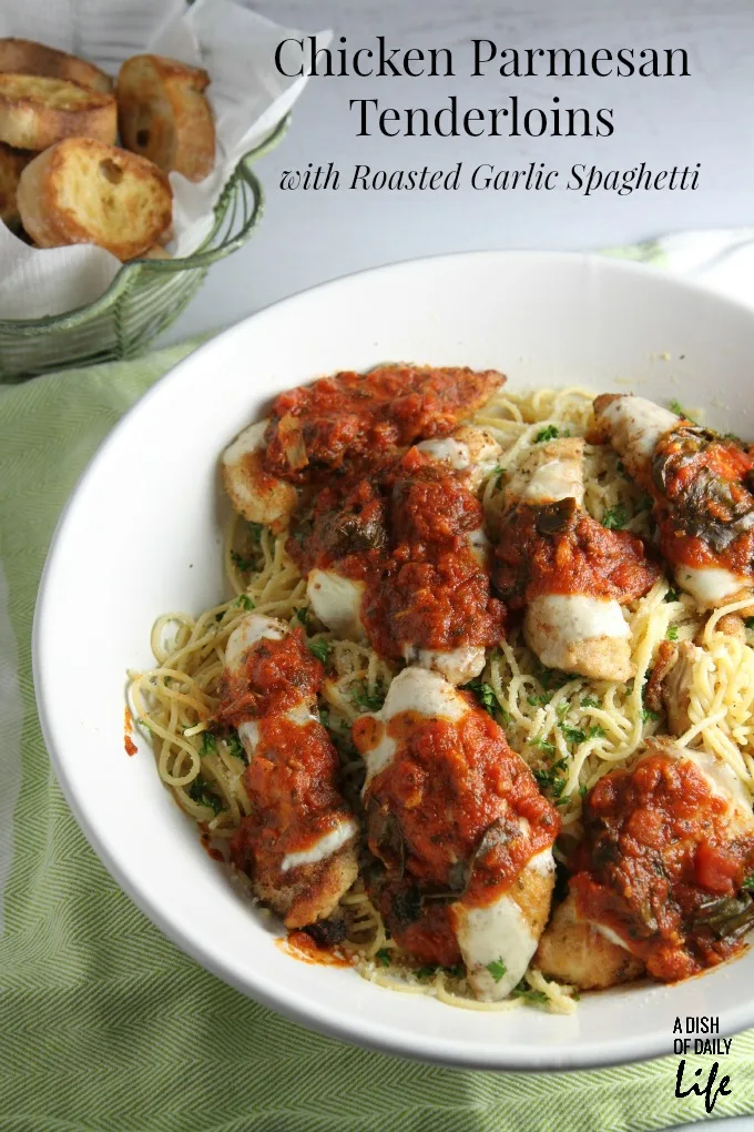 Chicken Parmesan Tenderloins with Roasted Garlic Spaghetti